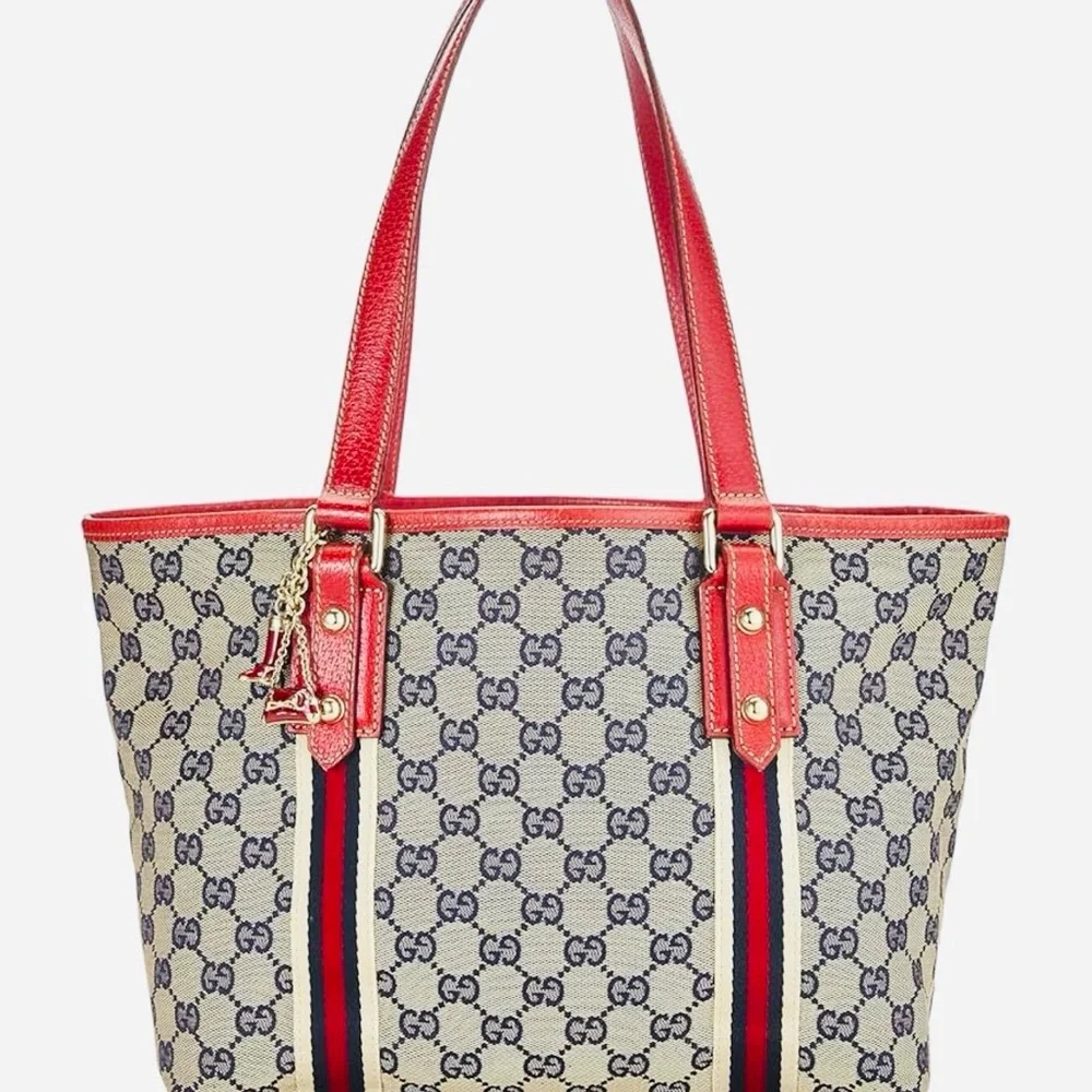 GUCCI Jolicoeur Navy/Red Striped Canvas w/Leather Golden Hardware & Charms, EUC